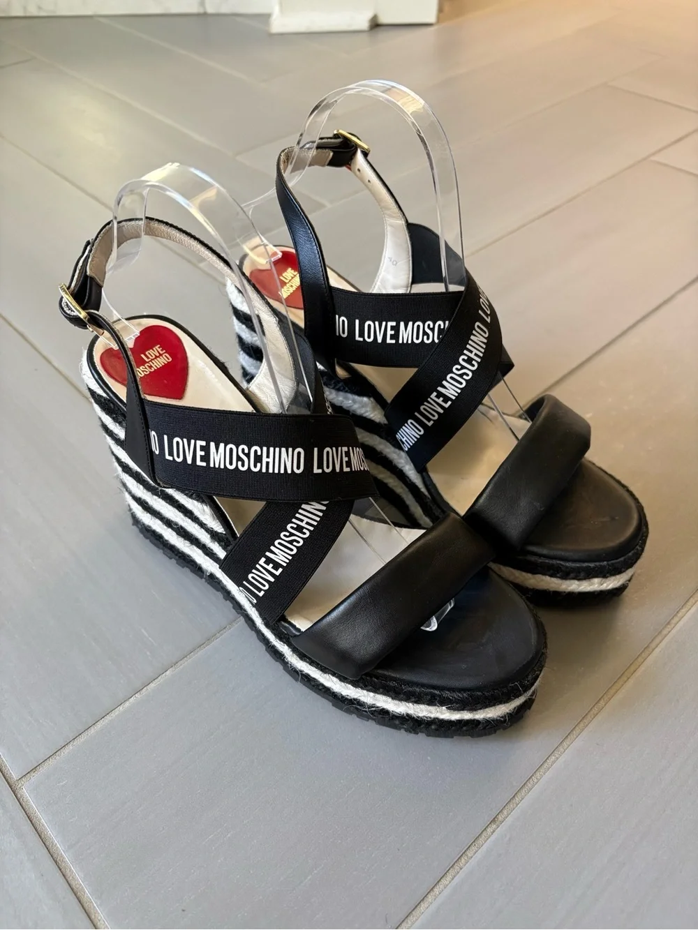 Love Moschino Black and White Logo Wedge Sandals